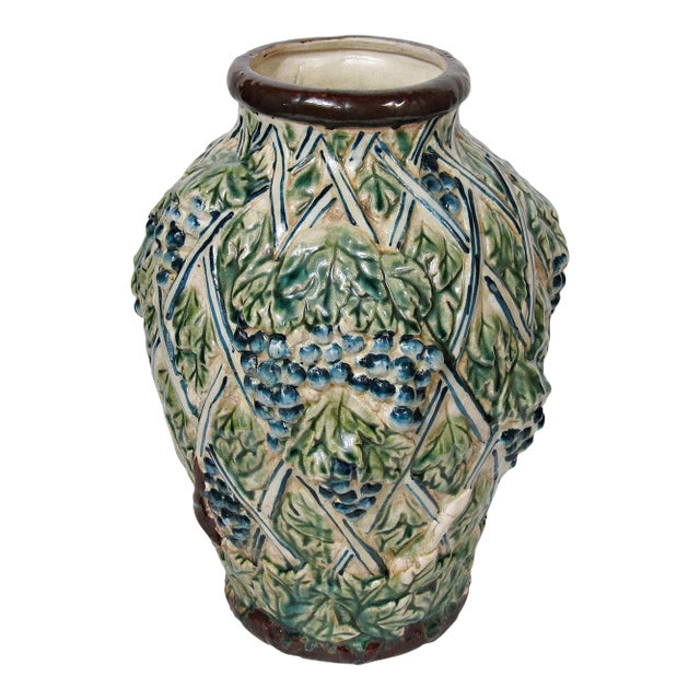 Vintage French Country Majolica-Style Grape Vine Pottery Vase For Sale