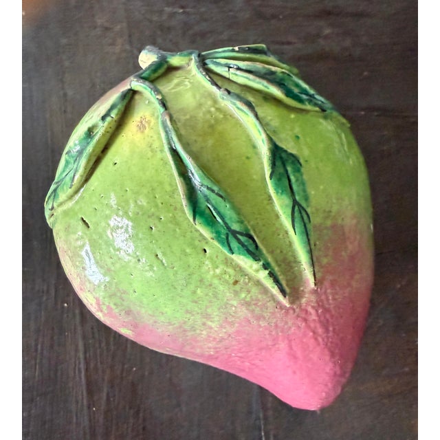 Vintage glazed altar fruit. Pretty colored green and pink ceramic mango.