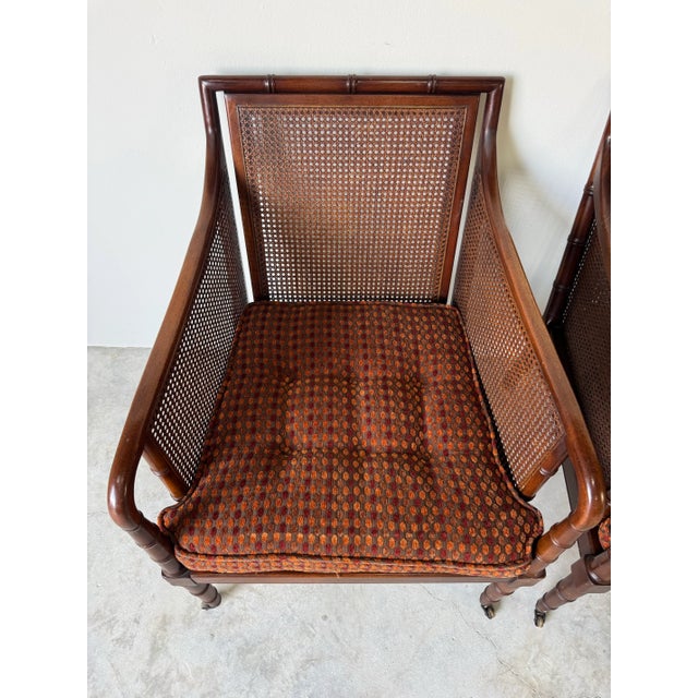 1970’s Hickory Chair Regency-Style Faux Bamboo Caned Armchairs on Brass Casters – A Pair/Sold For Sale In Miami - Image 6 of 12