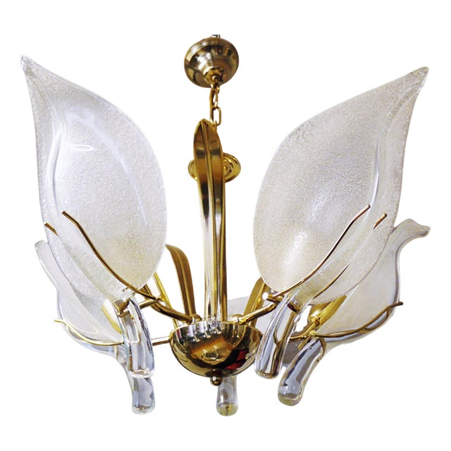 Mid-Century Italian Murano Leaf Chandelier Glass & Brass by Archimede Seguso, 1960s For Sale