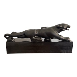 Mid 20th Century Art Deco Revival Black Panther Sculpture on Leatherized Pedestal Base For Sale