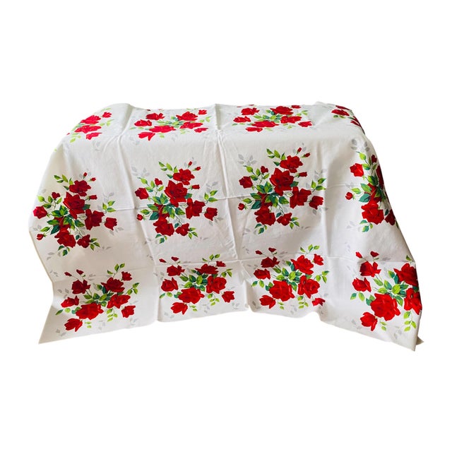 Vintage 1950s/60s Wilendur Red Royal Rose Rectangular Tablecloth, 52" X 68" For Sale - Image 10 of 11