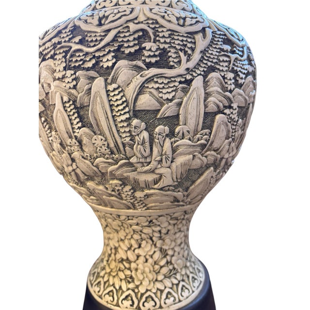 Vintage Asian Chinoiserie Relief-Carved Table Lamp With Pleated Shade For Sale In Greensboro - Image 6 of 7