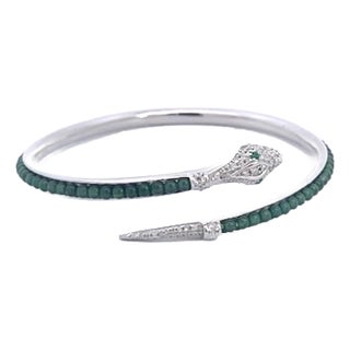 Serpent Wrap Bangle With Green Jade Beads and Cubic Zirconia For Sale