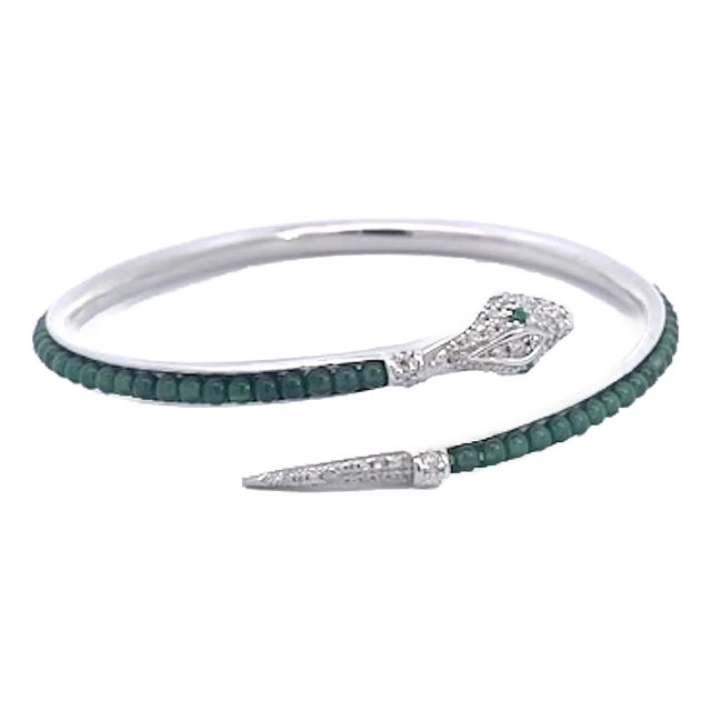 Serpent Wrap Bangle With Green Jade Beads and Cubic Zirconia For Sale