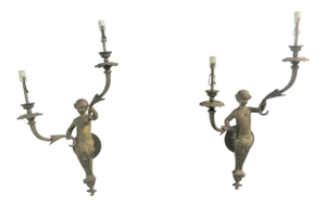 Early 1900s Figural Bronze Wall Sconces - a Pair