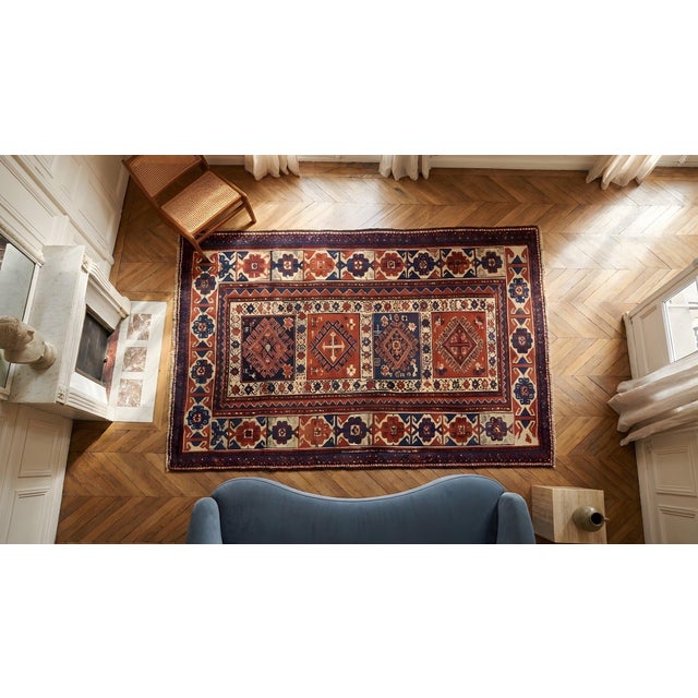 Ivory 1880s Ivory Red Diamond Tribal Hand Knotted Antique Caucasian Kazak Rug 3'8" X 6'9" Wool Carpet For Sale - Image 8 of 8