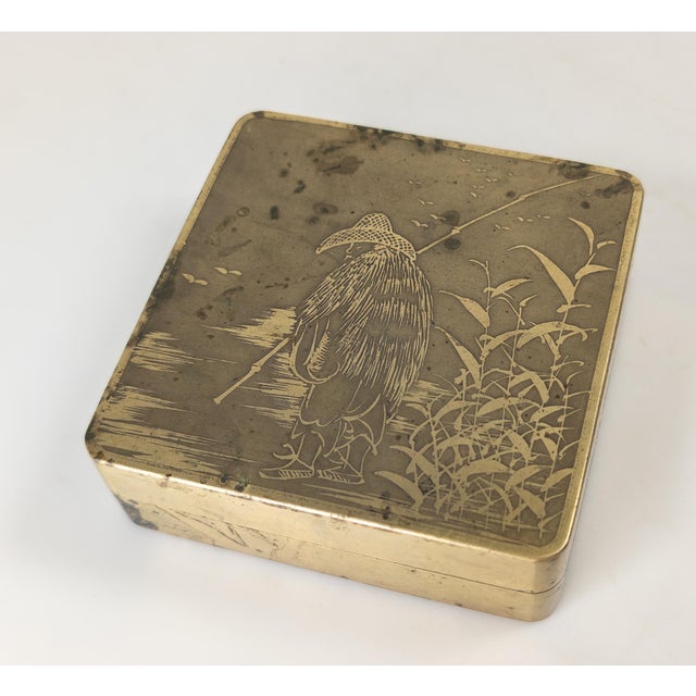 Chinoiserie 20th Century Chinese Paktong and Copper Scholar's Ink Box With Fishermen For Sale - Image 3 of 14