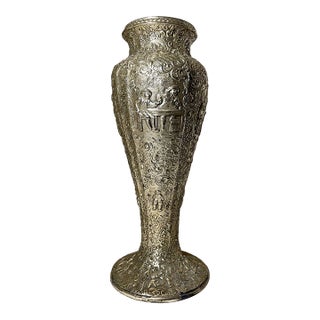 Large Antique Ornate Detailed Silverplate Dutch Figural Repousse Relief Vase For Sale