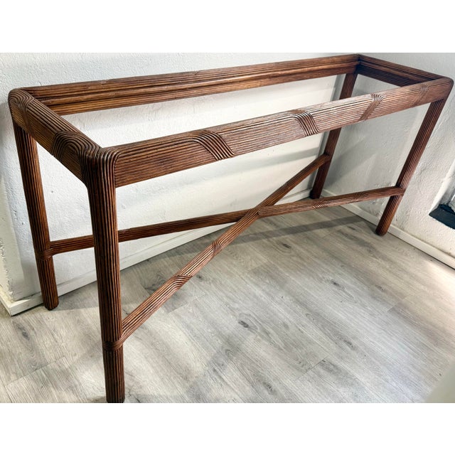 1970s Gabriella Crespi Style Pencil Reed Console Table With New Glass For Sale - Image 10 of 12