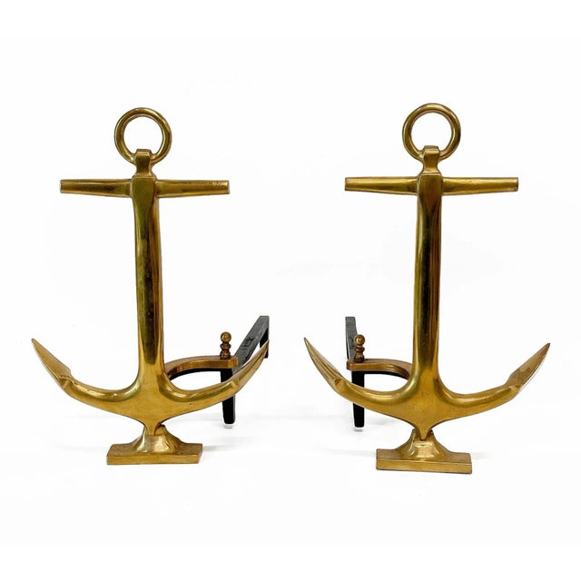 Pair of Vintage Brass Boat Anchor Andirons, Circa 1940s For Sale - Image 10 of 10