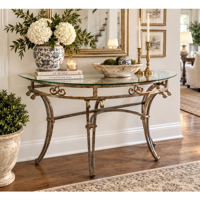 Vintage Hollywood Regency Italianate Glass Console Table With Ornate Gilt Iron Base For Sale - Image 10 of 10