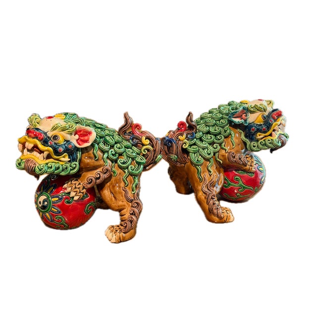 Chinese Pair of San Tao Fang Foo Dogs For Sale - Image 3 of 7