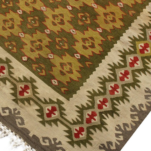 Transitional Vintage Mid-Century Sarkoy Geometric Beige-Brown and Green Wool Kilim Rug- 4′ × 6′4″ For Sale - Image 3 of 6