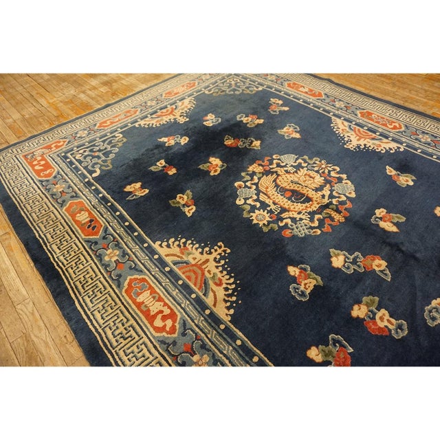 1920s Navy Dragon Classic Greek Key Antique Chinese Peking Wool Rug 7' 3"x 9' 8" For Sale - Image 4 of 9