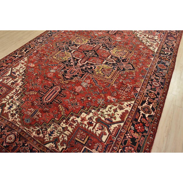 Tribal Heriz Rug 8’2” X 11’9” Red Wool Vintage Tribal Hand-Knotted Oriental Carpet For Sale - Image 3 of 15