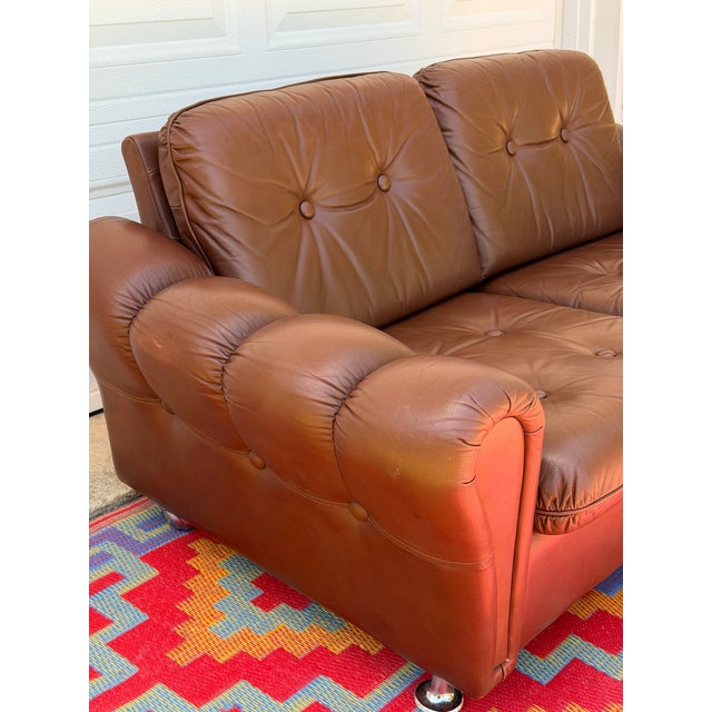 Mid-Century Modern Vintage Danish Brown Leather Tufted Sofa / 2 Seater Lounge / Loveseat For Sale - Image 3 of 8