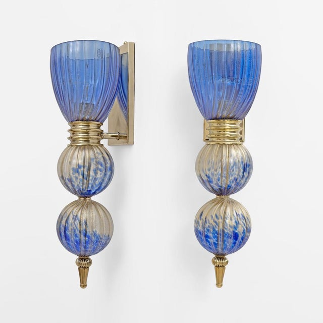 Murano Glass Blue Wall Sconces with Gold Dust Inclusions, 2000, Set of 2 For Sale - Image 9 of 9
