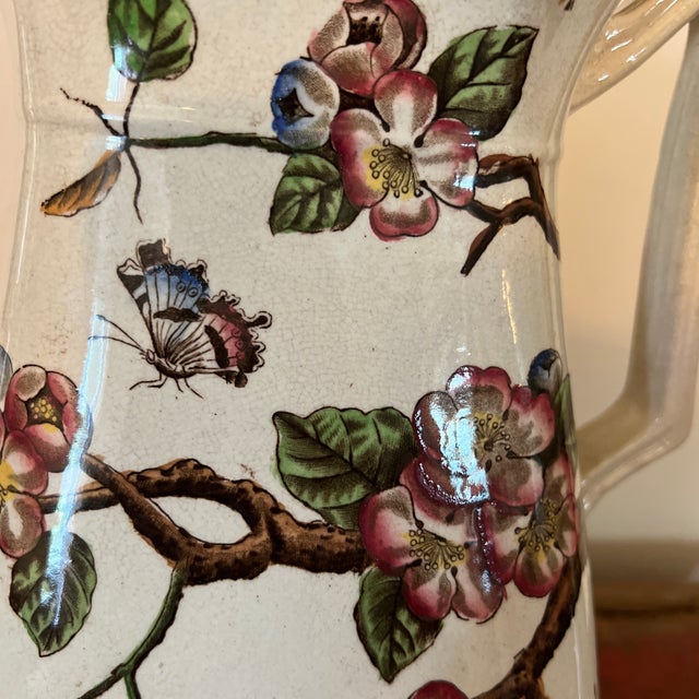 Cream Large Antique Victorian Plum Blossoms Spring Patterned Pitcher, Ewer For Sale - Image 8 of 12
