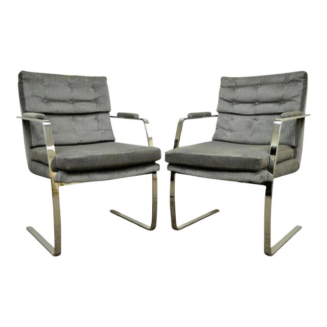 Late 20th Century Mid Century Modern Milo Baughman Style Chrome Steel Cantilever Arm Chairs - Pair For Sale