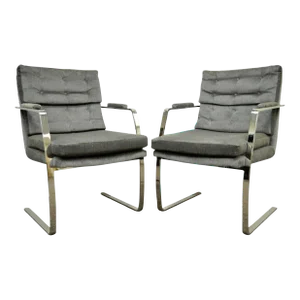 Late 20th Century Mid Century Modern Milo Baughman Style Chrome Steel Cantilever Arm Chairs - Pair
