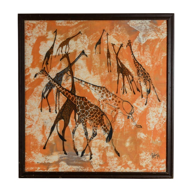 Vintage Framed African Batik Textile Art Giraffe Herd Silhouette For Sale - Image 4 of 6