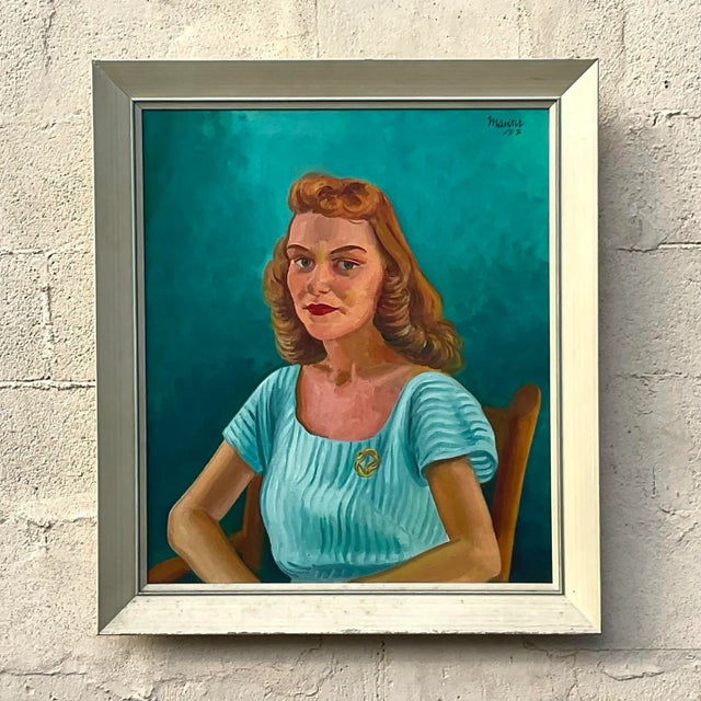 Vintage Boho 1952 Original Oil Portrait on Canvas For Sale - Image 9 of 10