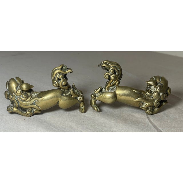 Chinese Pair of Rare Antique 18th Century Chinese Solid Bronze Foo Lion Statues Figures For Sale - Image 3 of 10
