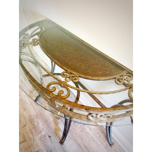 Vintage Hollywood Regency Italianate Glass Console Table With Ornate Gilt Iron Base For Sale - Image 4 of 10