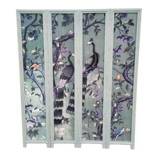 Chinoiserie Faux Bamboo Upholstered Peacock 4 Panel Palm Beach Regency Folding Floor Screen Room Divider For Sale