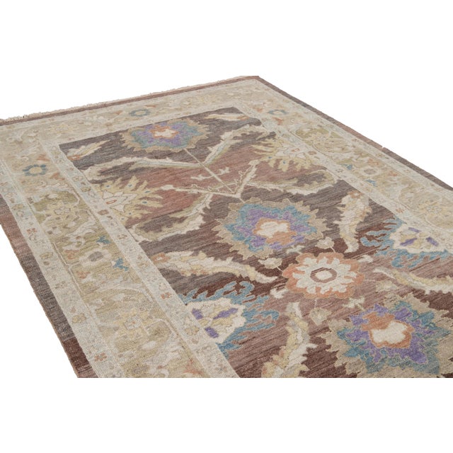 Brown Modern Floral Sultanabad Handmade Wool Rug For Sale In New York - Image 6 of 9