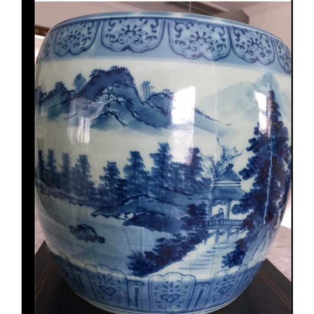 Antique Japanese Blue and White (Sometsuke) Porcelain Hibachi With Applied Inscription For Sale - Image 6 of 18