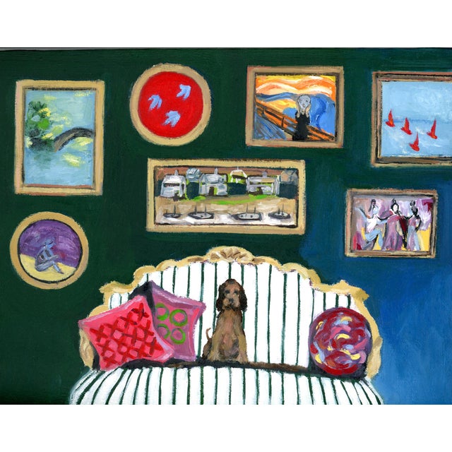 Impressionist Hockney Inspired Pup on Green Striped Sofa Interior Room Portrait Oil Painting by Alexandra Swistak For Sale - Image 3 of 8
