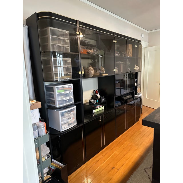 1980s Black Lacquered Post Modern Four Piece Wall Cabinet Curio Office Storage Unit With Display Lights For Sale - Image 11 of 12