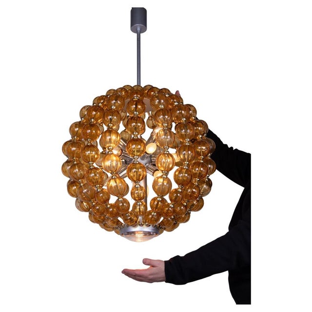 Gold Ballroom Chandelier with Handcrafted Amber Glass Balls, Germany, 1960s For Sale - Image 8 of 13