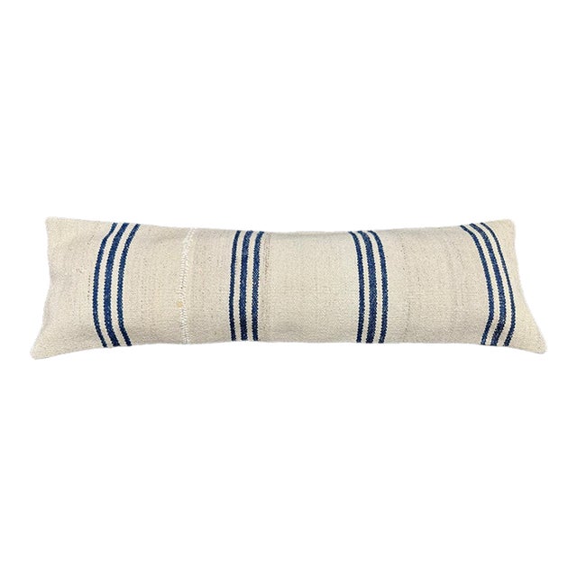 Turkish Hemp Pillow Cushion Natural Beige Blue Cushion Cover 14"x45" For Sale