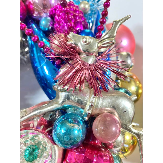 Pair of Handmade Christmas Wreaths With Vintage Glass Ornaments & Reindeer For Sale - Image 9 of 12