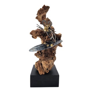 Vintage Brutalist Metal Mouse Surfer Sculpture on Drift Wood — 10.5" For Sale