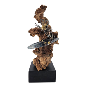 Vintage Brutalist Metal Mouse Surfer Sculpture on Drift Wood — 10.5"