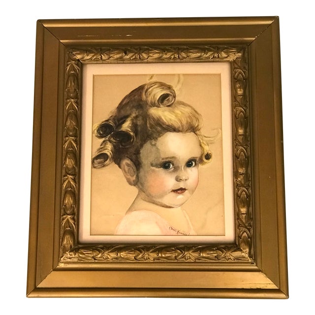 Vintage 1940's Portrait of a Young Girl Pastel Drawing Chairish