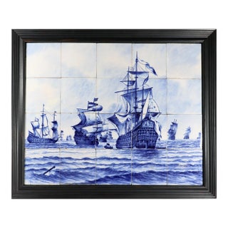 Dutch Delft Tile Picture, Fleet of Ships, Blue & White, Framed For Sale