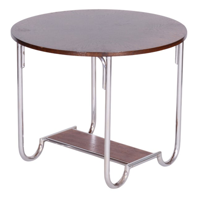 Small Czech Bauhaus Round Oak and Chrome-Plated Steel Side Table, 1930s For Sale