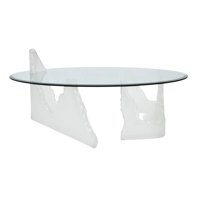 Lion in Frost Style Lucite Iceberg Coffee, Cocktail Table Round Glass Top 1970 For Sale