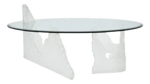 Lion in Frost Style Lucite Iceberg Coffee, Cocktail Table Round Glass Top 1970