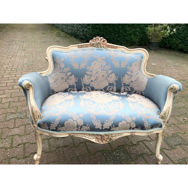 Mid 20th Century 20c French Artisan Louis XVI Cream Blue Beech Settee For Sale - Image 5 of 11