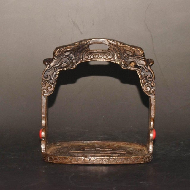 Pair of Antique Bronze Stirrups With Dragon Motif and Gemstone Inlays, 1.6kg For Sale In Los Angeles - Image 6 of 9