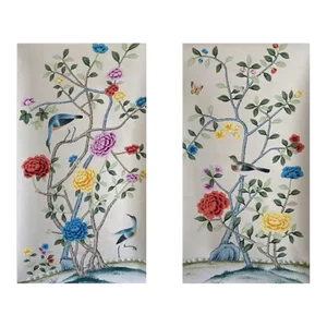 24" *48", a Pair of Hand-Painted Silk Chinoiserie Wall Art