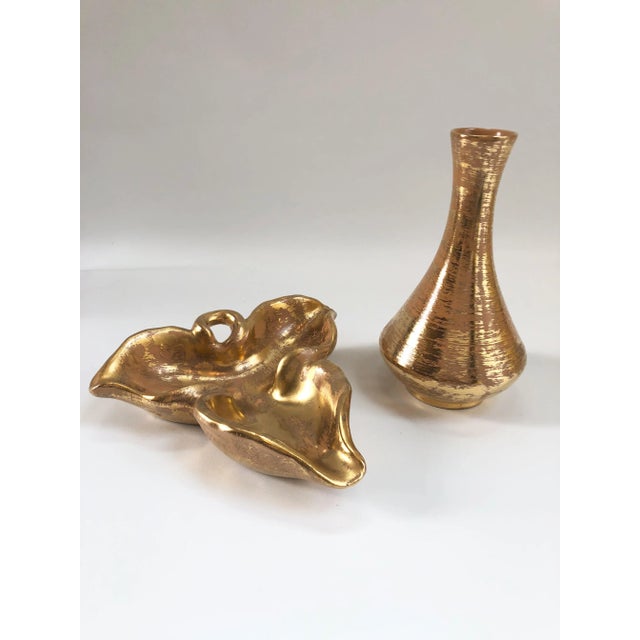 Hollywood Regency style 22K gold Stangl hand-decorated vase and bowl. Maker's mark on underside. Bowl, 8.15" L x 8.25"x...