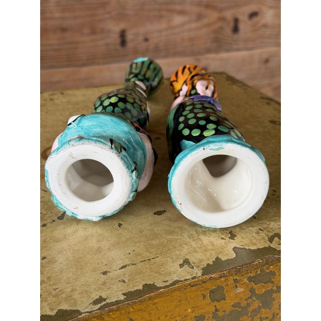 Turquoise Pair of Whimsical Hand-Painted Ceramic Mermaid Candlestick Holders For Sale - Image 8 of 9