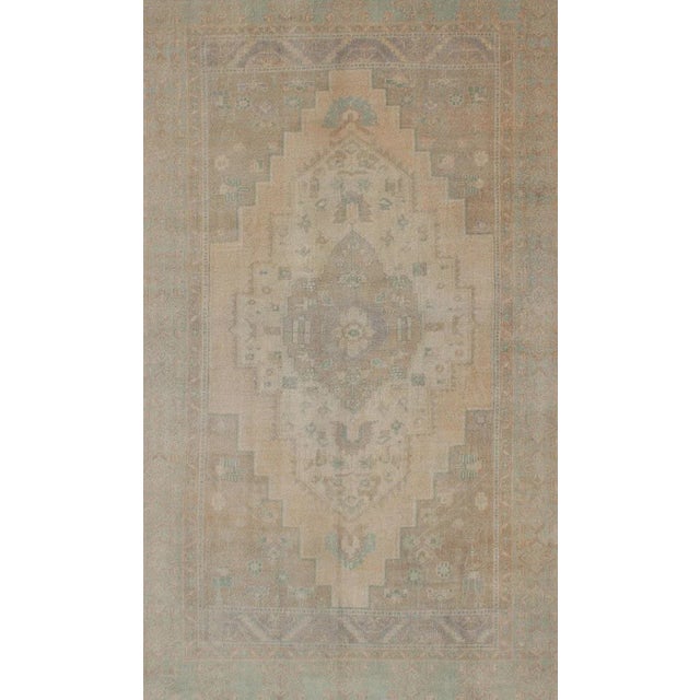 Turkish Faded Turkish Hand Knotted Oushak With Medallion With Muted Colors of Tan, Muted Light Peach For Sale - Image 3 of 13